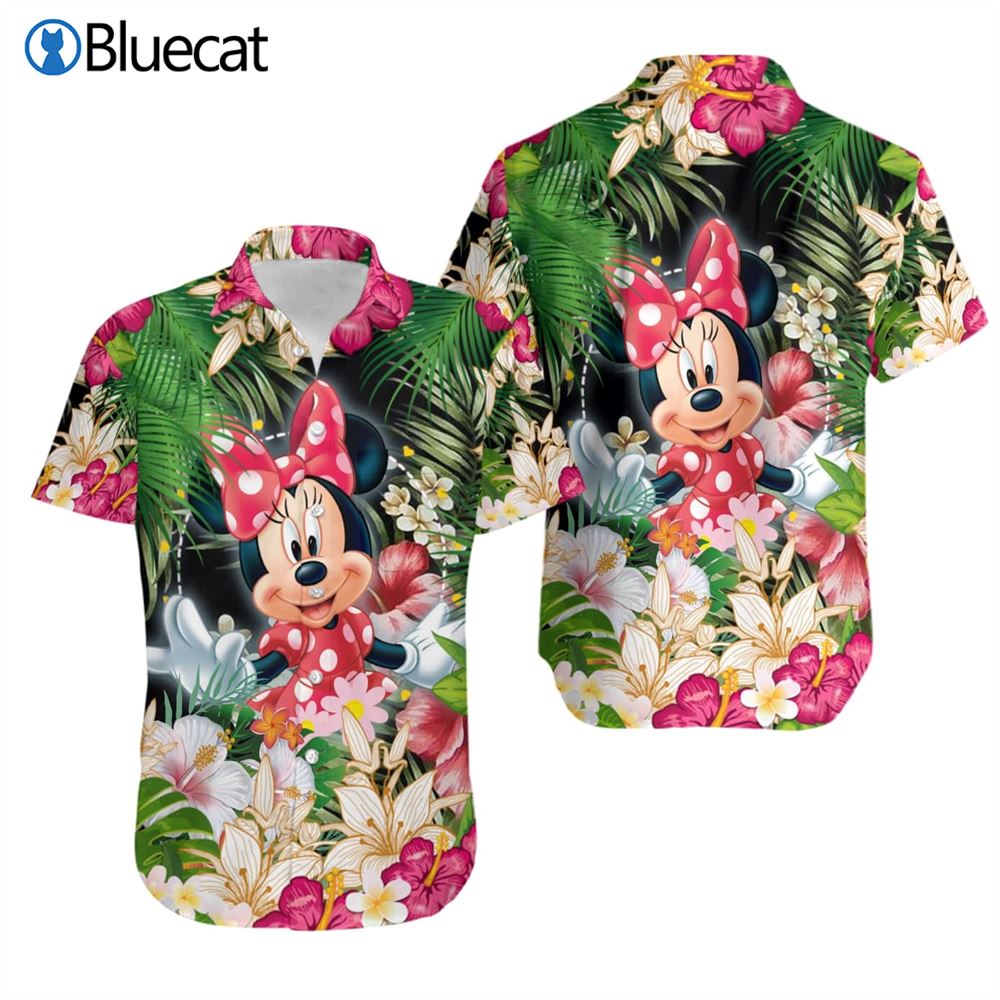 Minnie Mouse Pink Floral Pattern Disney Hawaiian Button Down Shirt Vacation Cartoon Graphic Outfits Men Women Youth Kids