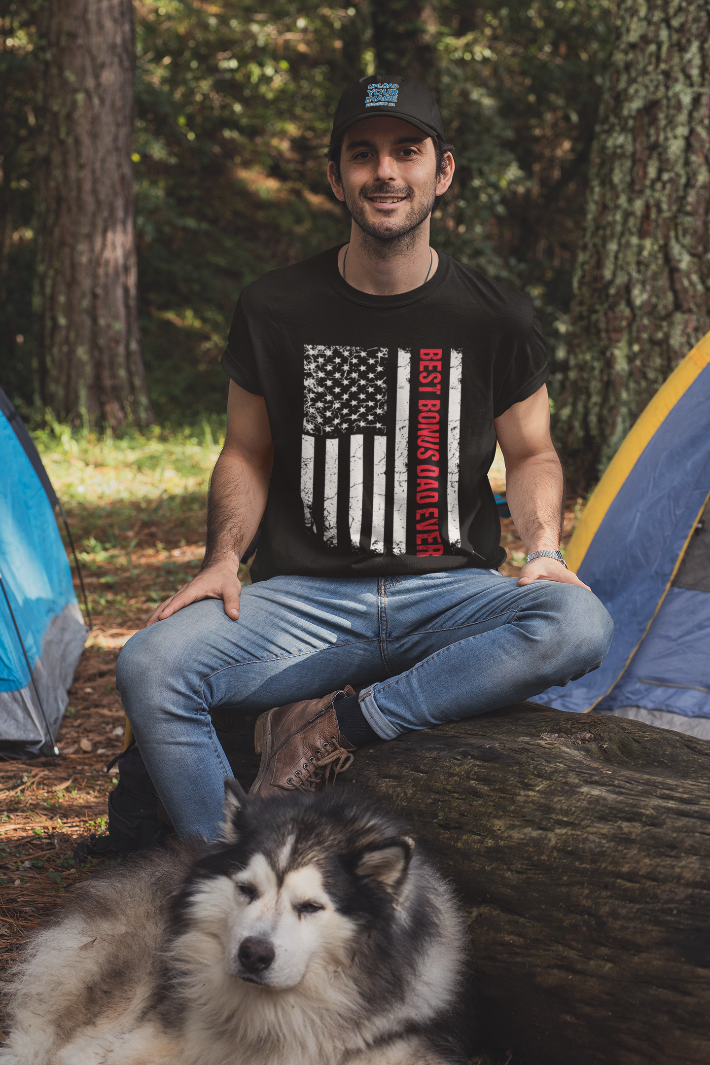 t shirt and dad hat mockup of a man at a camping site with his dog by t shirtat