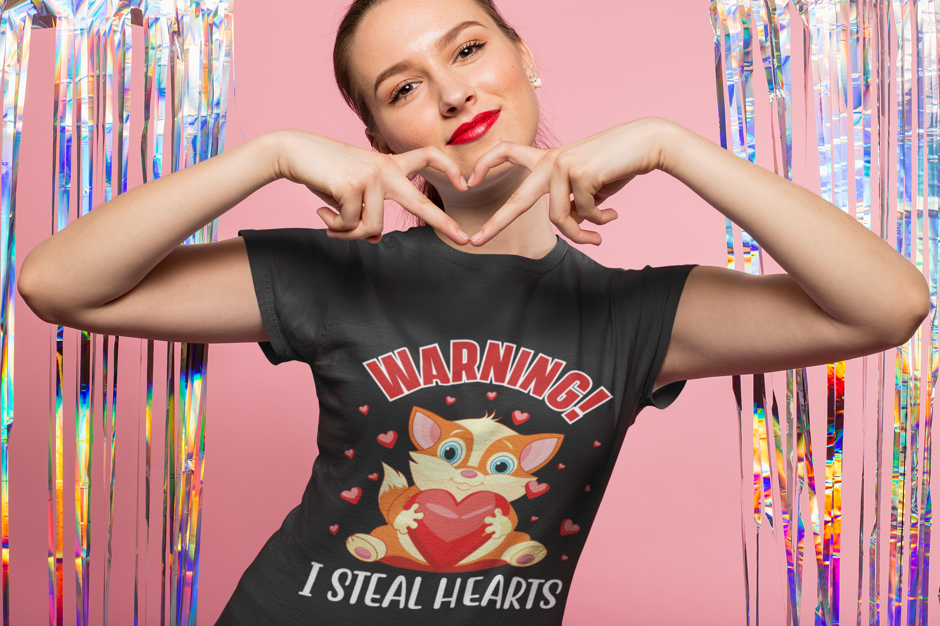 valentine s day t shirt mockup of a girl making a heart sign with her hands 25423