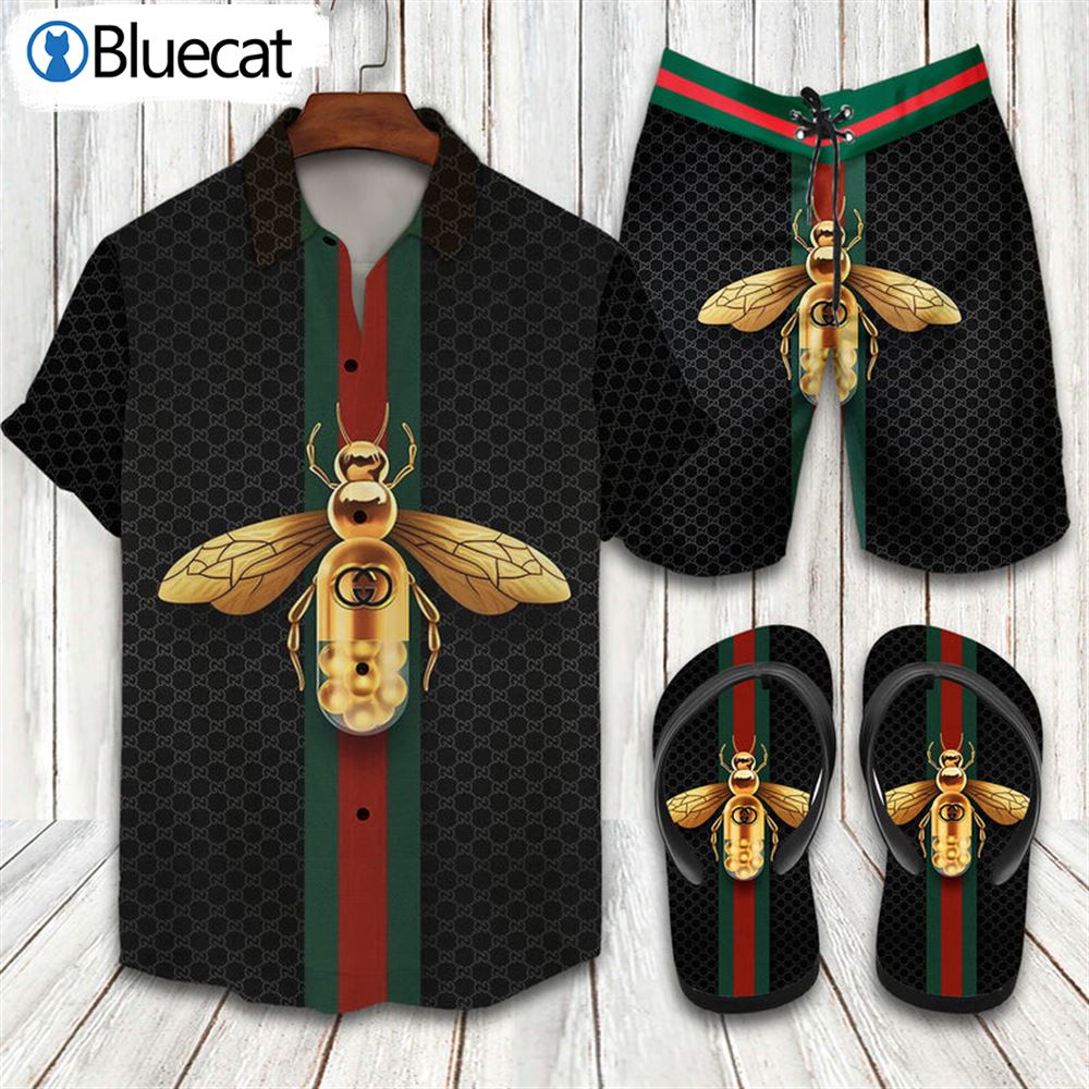 Gucci Bee-embroidered 2022 Combo Hawaiian Shirt Beach Shorts And Flip Flop