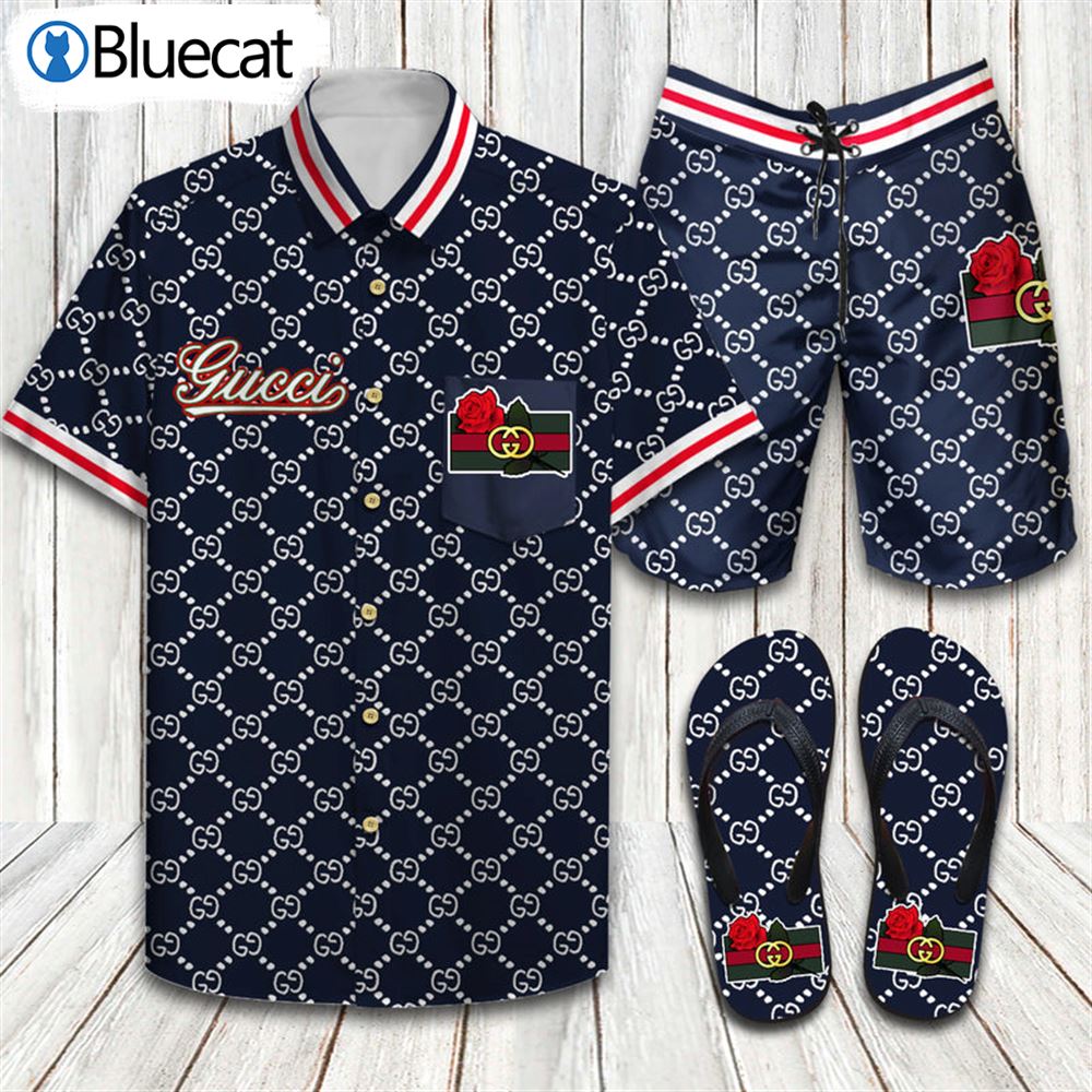 Gucci Rose Navy Logo Pattern Luxury Flip Flops And Combo Hawaiian Shirt Shorts