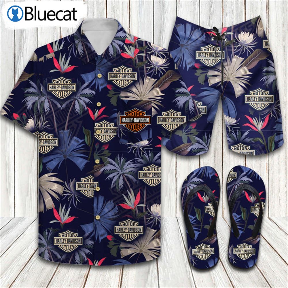Harley Davidson Floral Flip Flops And Combo Hawaiian Shirt Shorts