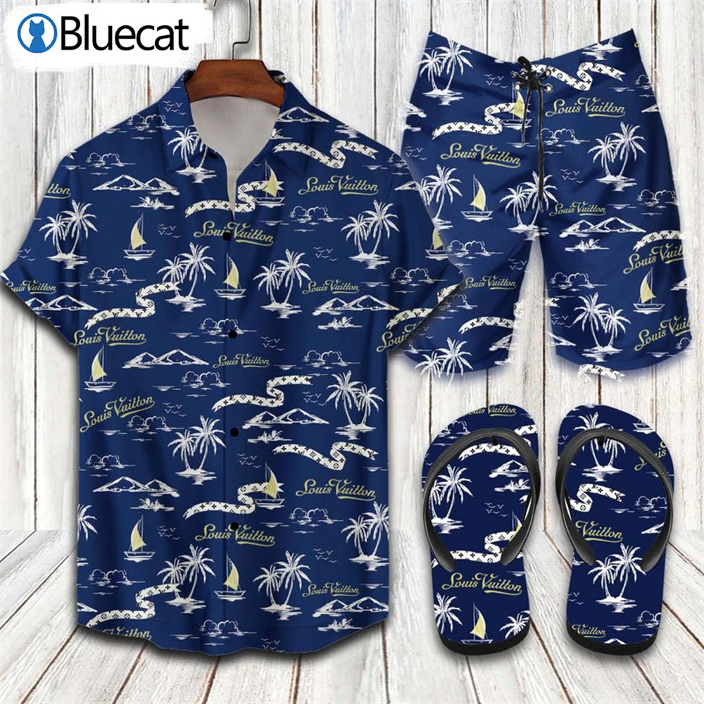 Louis Vuitton Blue Summer Combo Hawaiian Shirt Beach Shorts And Flip Flop