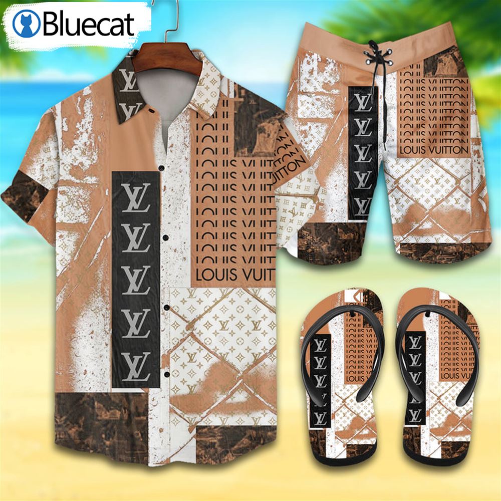 Louis Vuitton Design Fashion 2022 Combo Hawaiian Shirt Beach Shorts And Flip Flop
