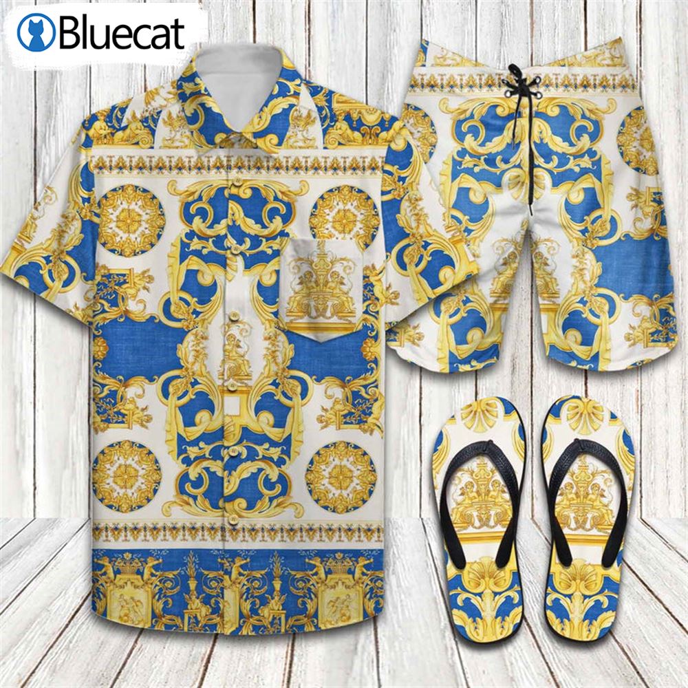 Versace Golden Baroque Patriotic American 2022 Combo Hawaiian Shirt Beach Shorts And Flip Flop