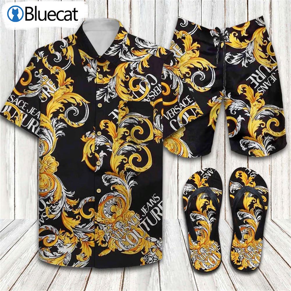 Versace Jeans Couture Brand Luxury Flip Flops And Combo Hawaiian Shirt Shorts
