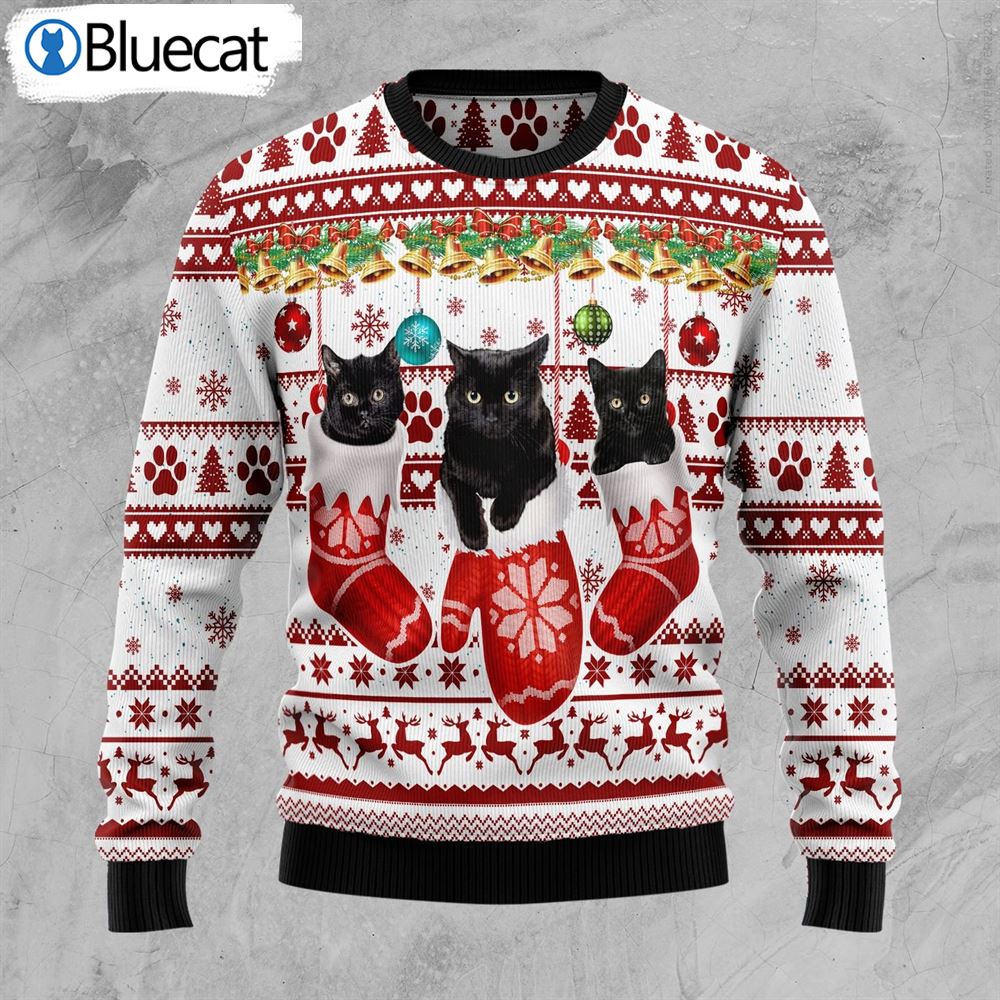 Black Cat Gloves Ugly Christmas Sweater