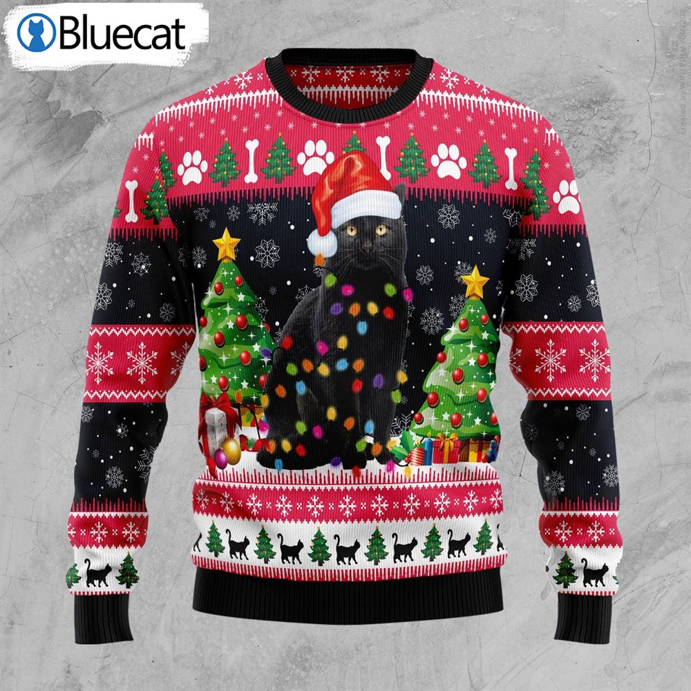 Black Cat Light Ugly Christmas Sweater