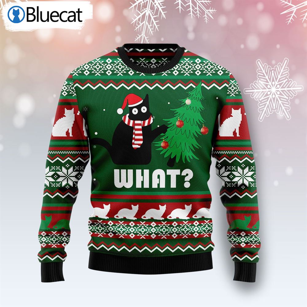 Black Cat What Christmas Ugly Christmas Sweater