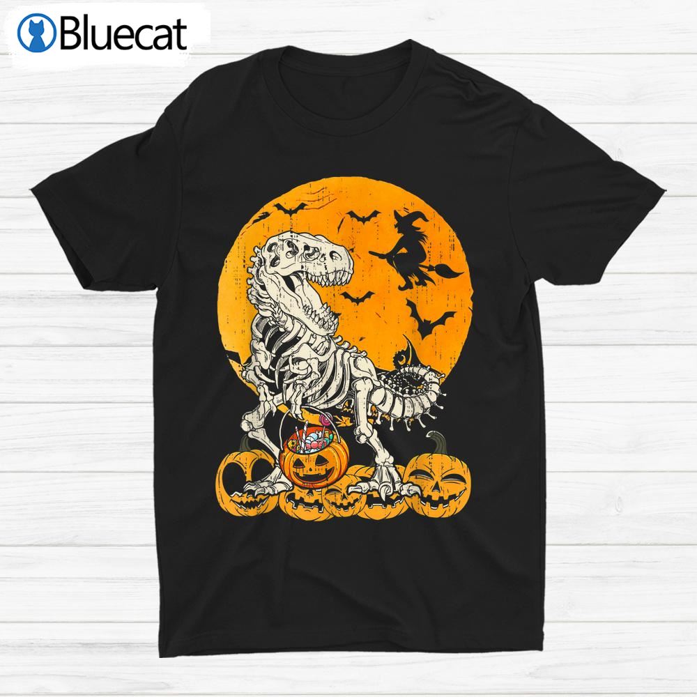 Skeleton Dinosaur Trex Dino Pumpkins Moon Halloween Shirt