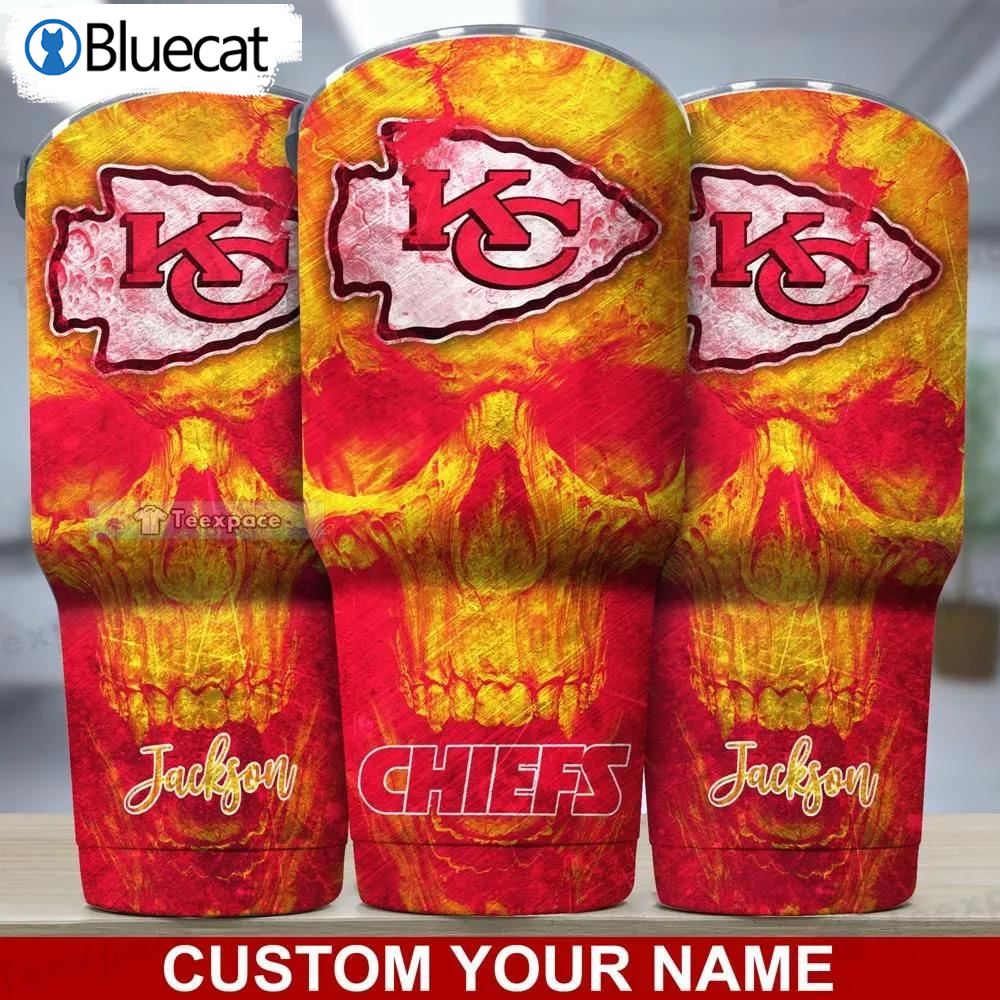 Custom Name Skull Pattern Fan Kansas City Chiefs Tumbler 