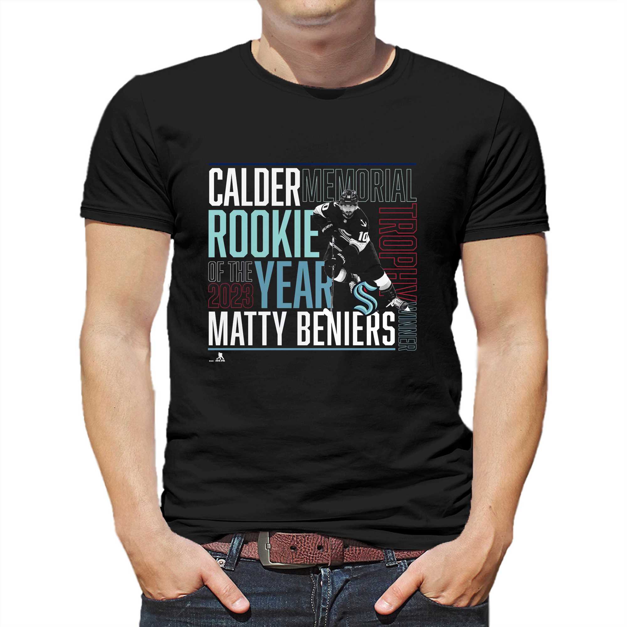 official matty beniers seattle kraken 2023 calder trophy winner t shirt 1 1