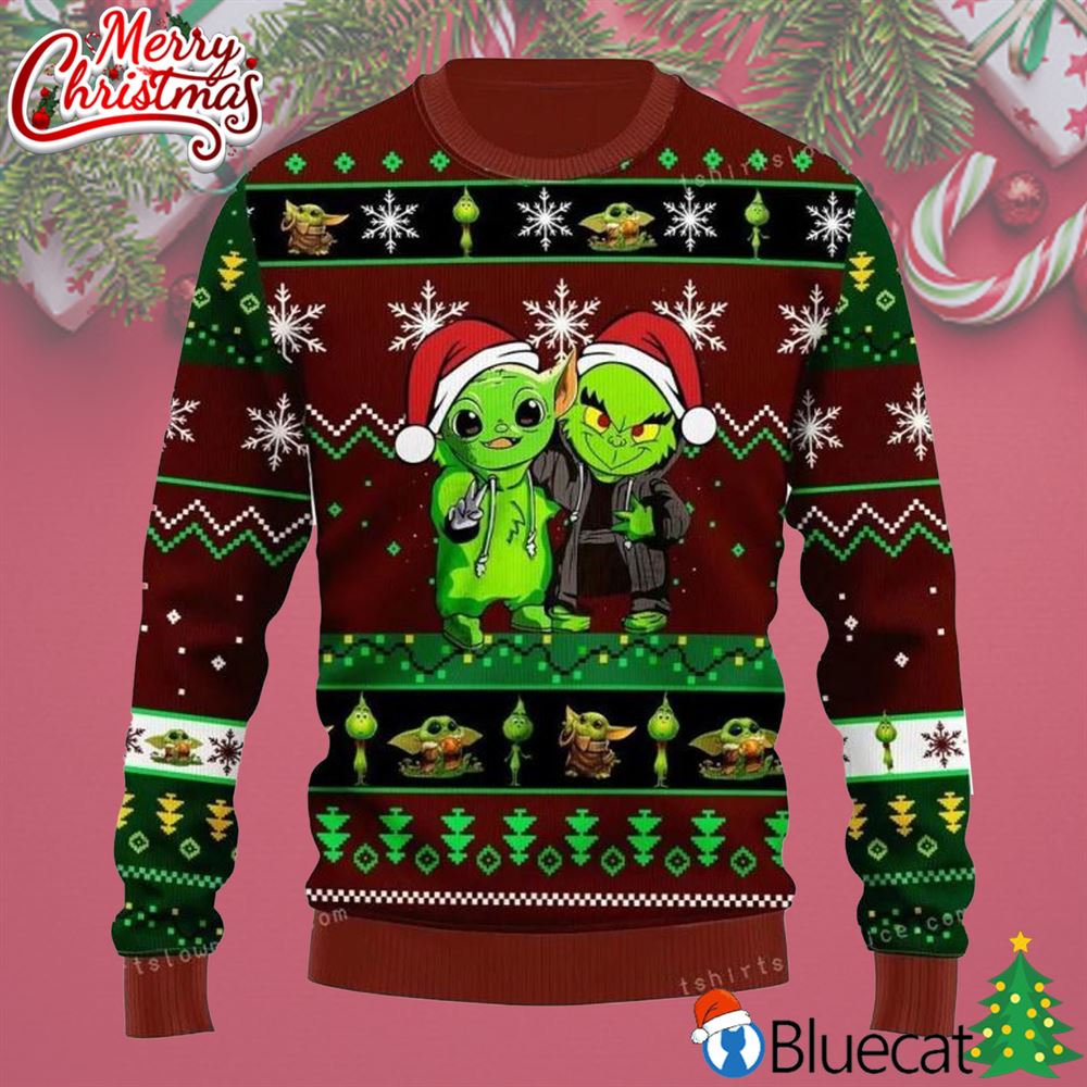 Yoda And Grinch Brown Green Christmas Party Ugly Sweater 