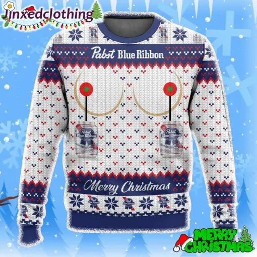 pabst blue ribbon titties funny ugly christmas holiday sweater 1