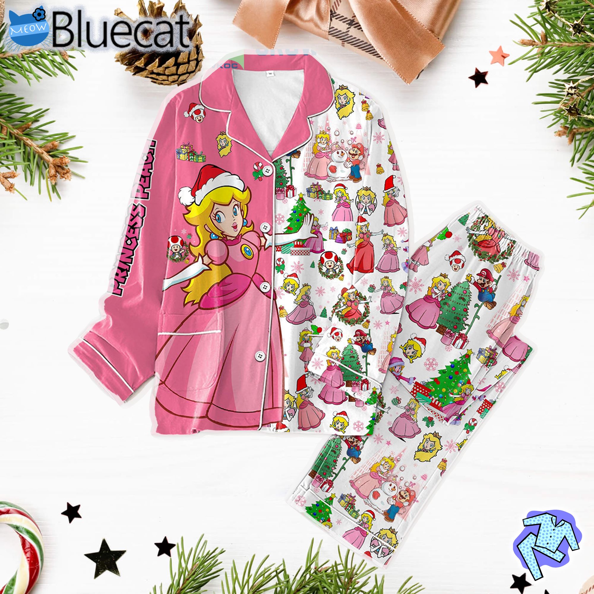 Princess Peach Pink Design Happy X Mas Pajamas Set 