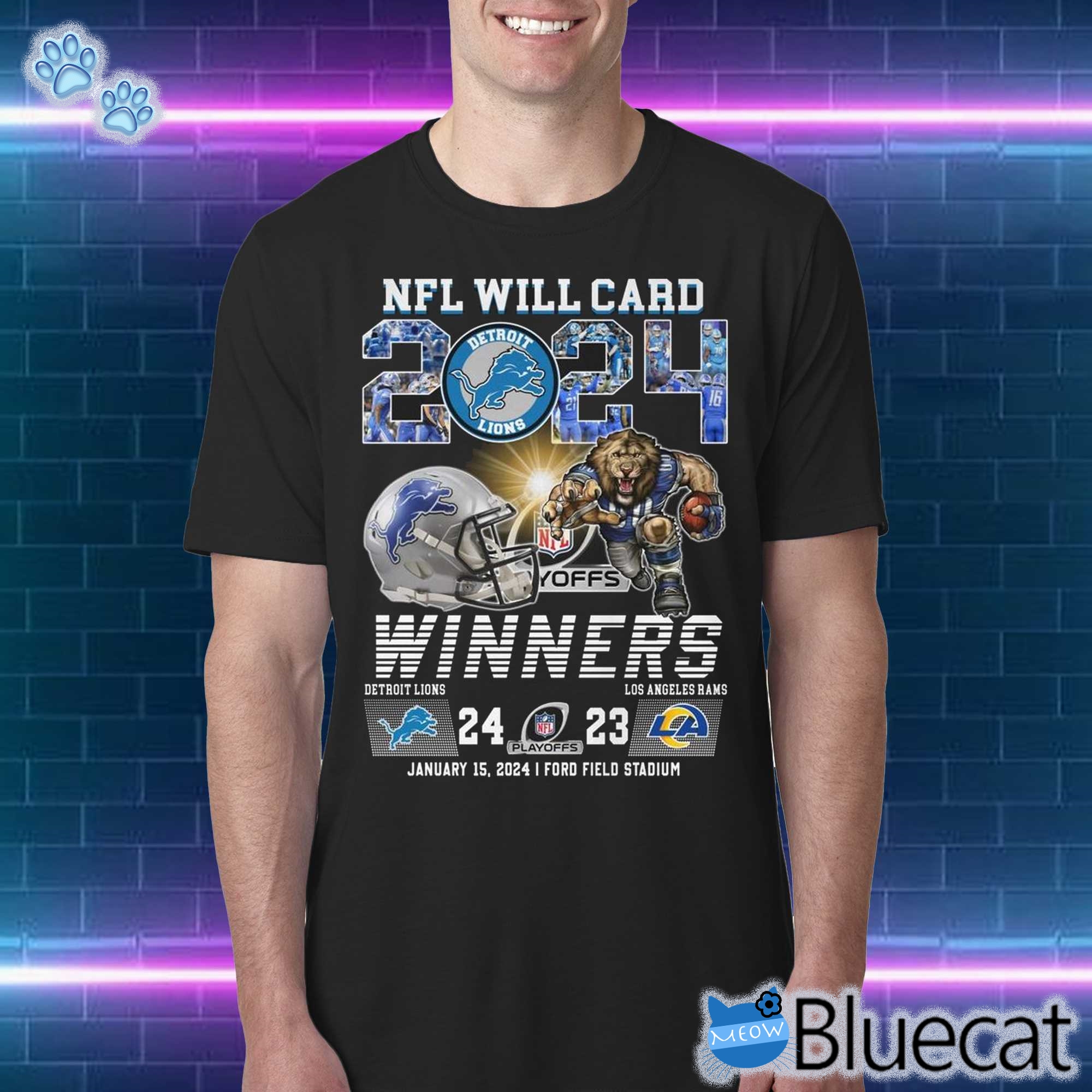 2024 nfl will card playoffs winners detroit lions 24 23 los angeles rams january 15 2024 ford field stadium t shirt 1 1