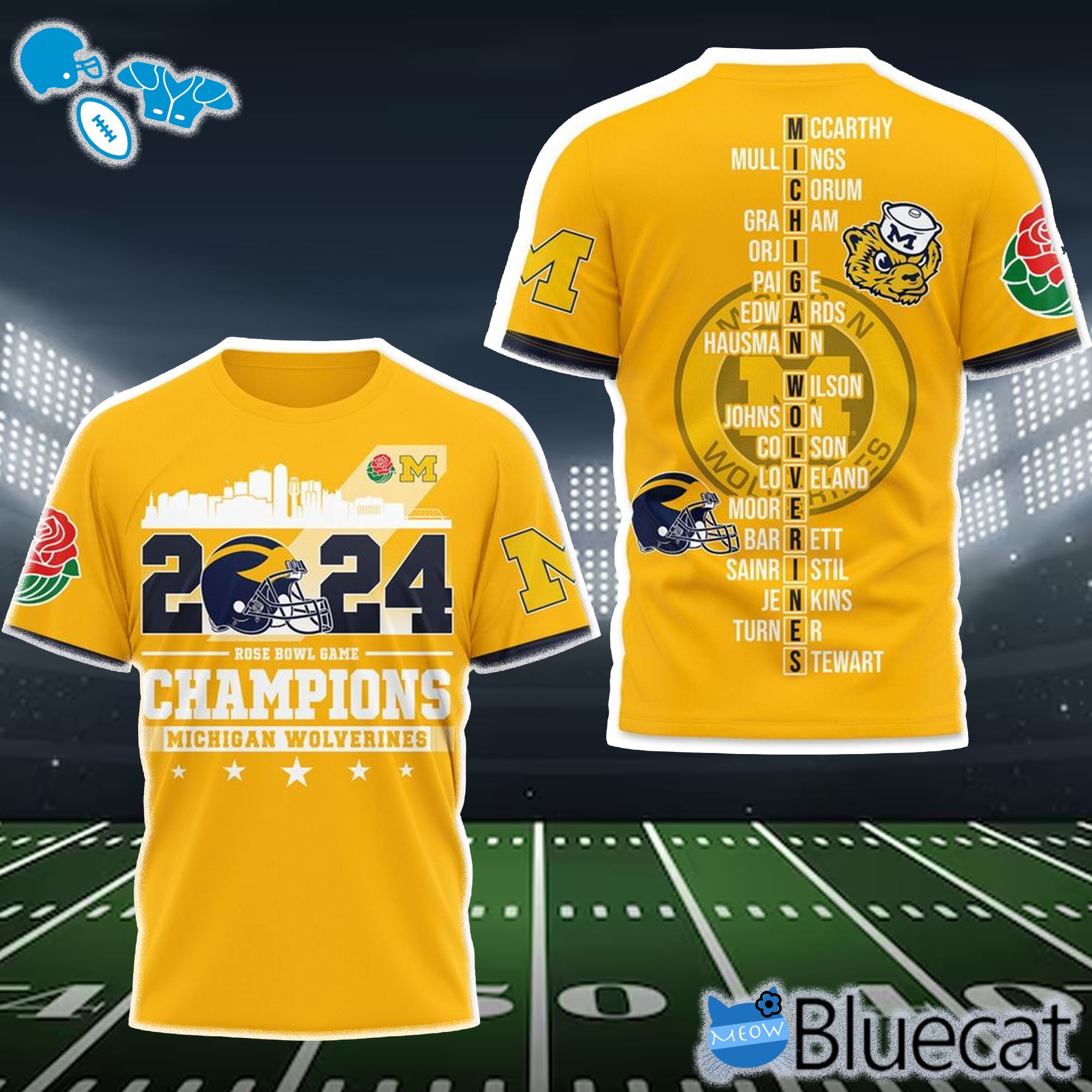2024 rose bowl game champions michigan wolverines 3d shirt hoodie yellow 1 1