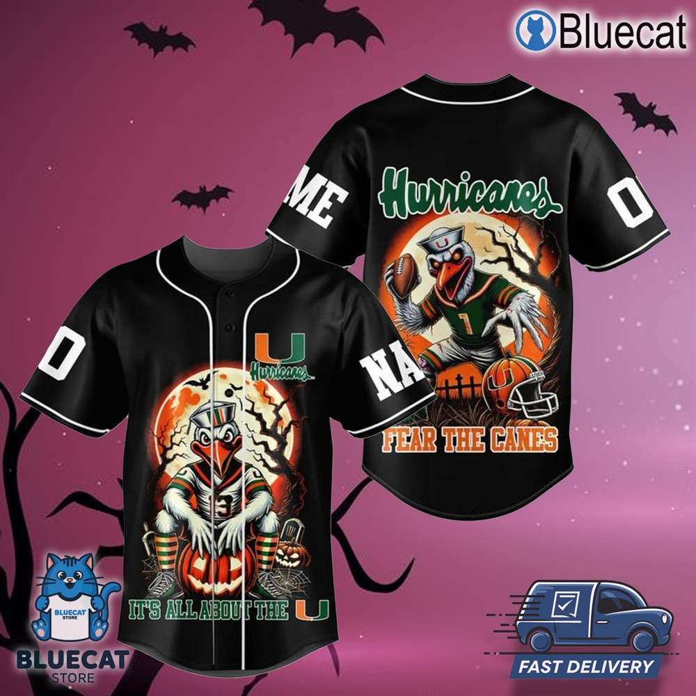 miami hurricanes halloween lets go canes with fear personalized baseball jersey 1