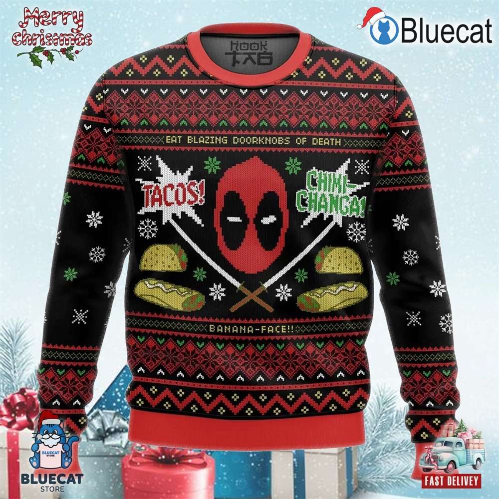 tacos chiki changa deadpool xmas holiday gift ugly christmas sweater 1