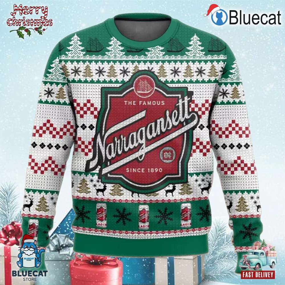 the famous narragansett beer since 1890 xmas holiday ugly sweater 1